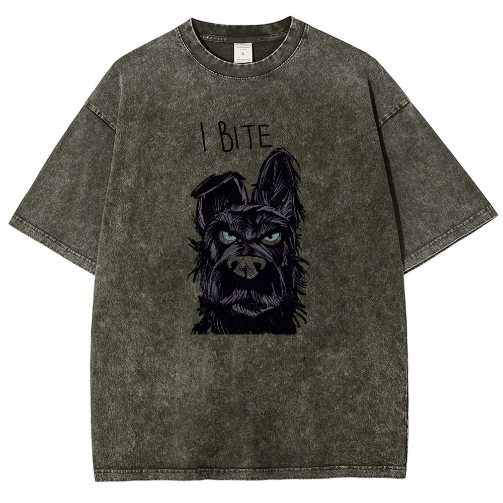 I BITE Grumpy Black Terrier Dog Hand Drawn Graphic Washed T-shirt