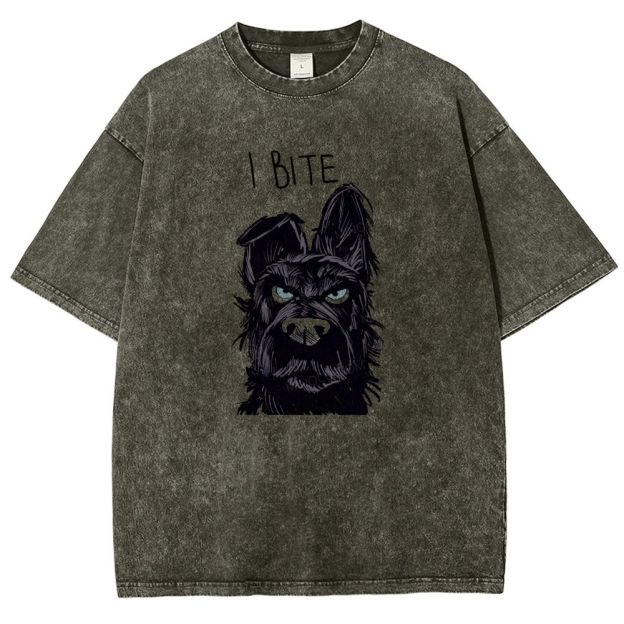 I BITE Grumpy Black Terrier Dog Hand Drawn Graphic Washed T-shirt