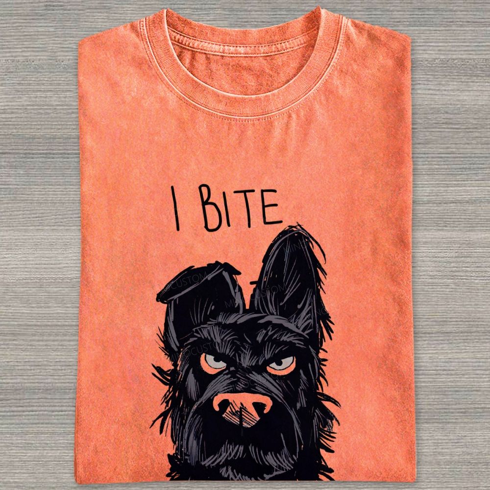 I BITE Grumpy Black Terrier Dog Hand Drawn Graphic Washed T-shirt