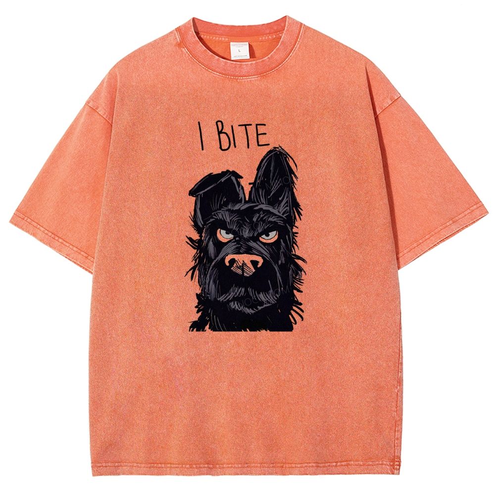 I BITE Grumpy Black Terrier Dog Hand Drawn Graphic Washed T-shirt