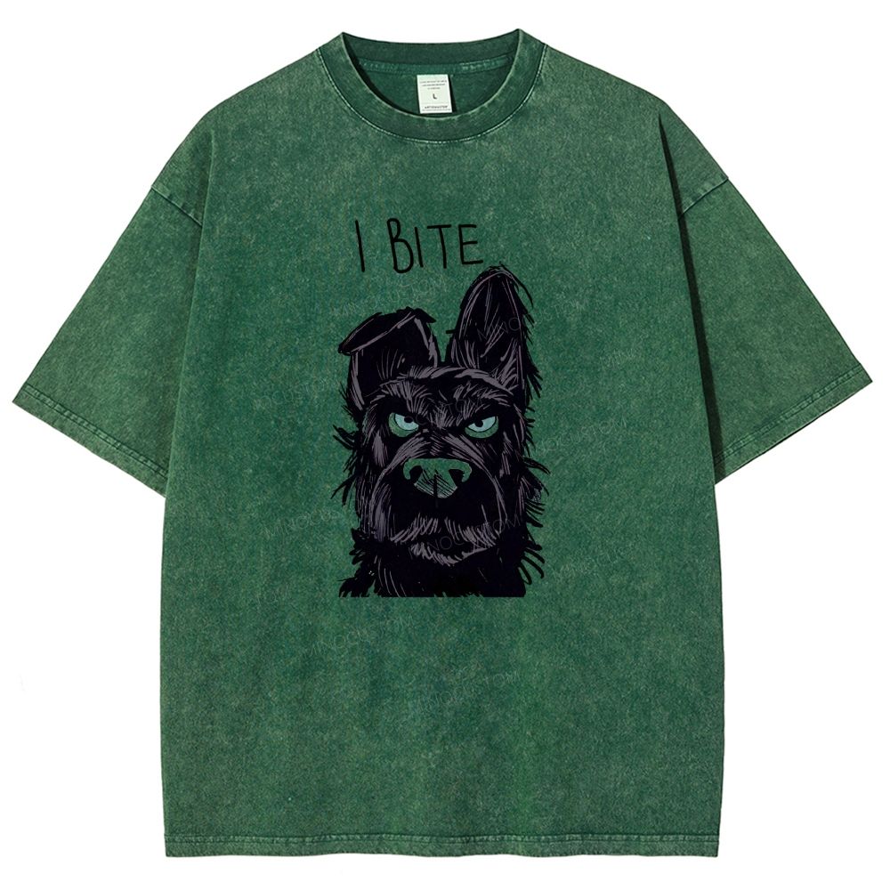 I BITE Grumpy Black Terrier Dog Hand Drawn Graphic Washed T-shirt