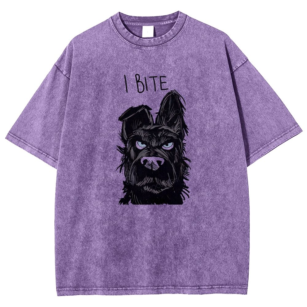 I BITE Grumpy Black Terrier Dog Hand Drawn Graphic Washed T-shirt