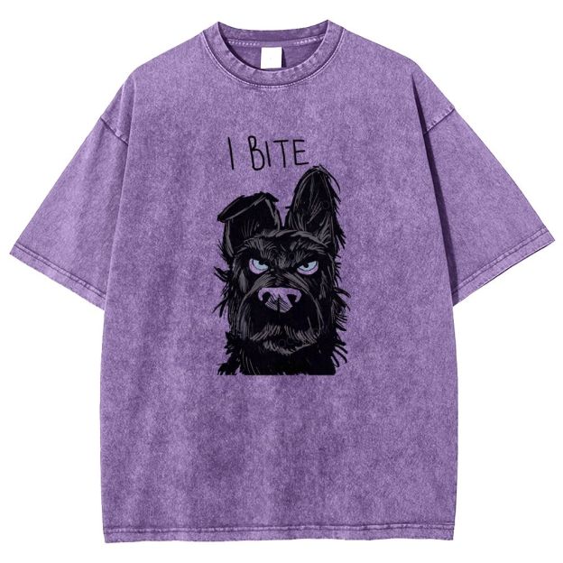 I BITE Grumpy Black Terrier Dog Hand Drawn Graphic Washed T-shirt