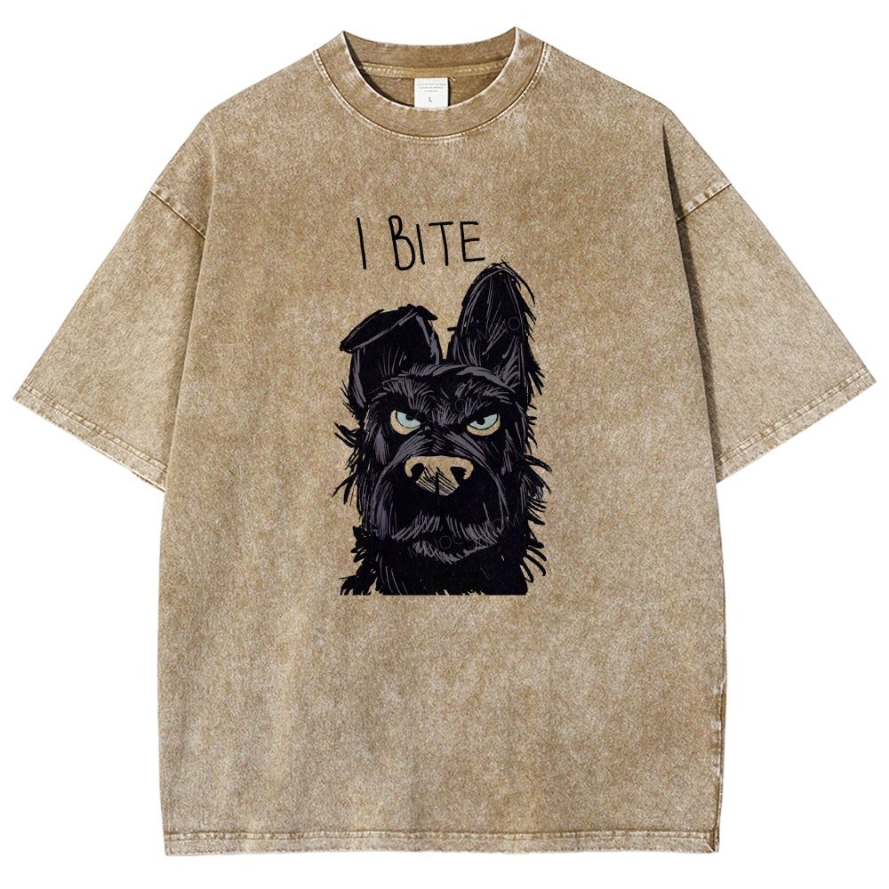 I BITE Grumpy Black Terrier Dog Hand Drawn Graphic Washed T-shirt