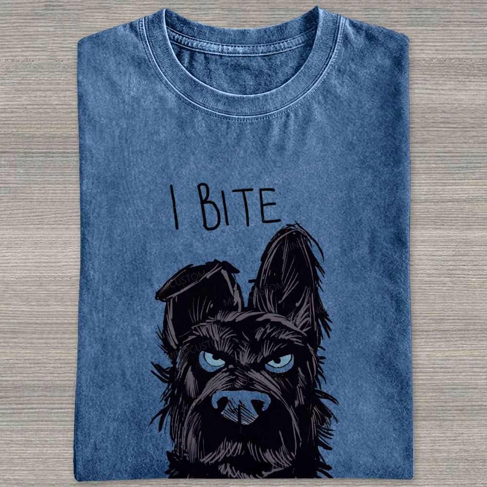 I BITE Grumpy Black Terrier Dog Hand Drawn Graphic Washed T-shirt