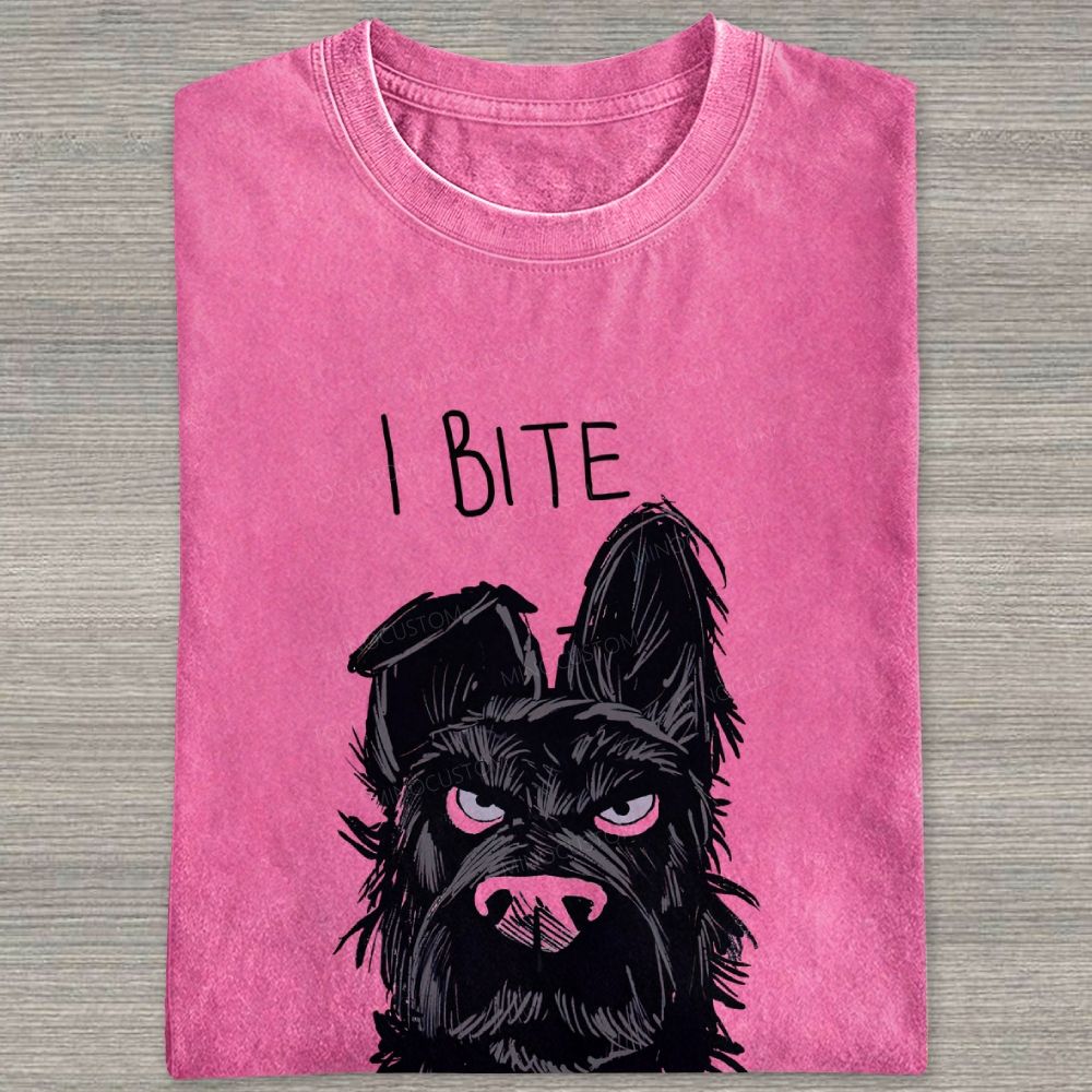 I BITE Grumpy Black Terrier Dog Hand Drawn Graphic Washed T-shirt