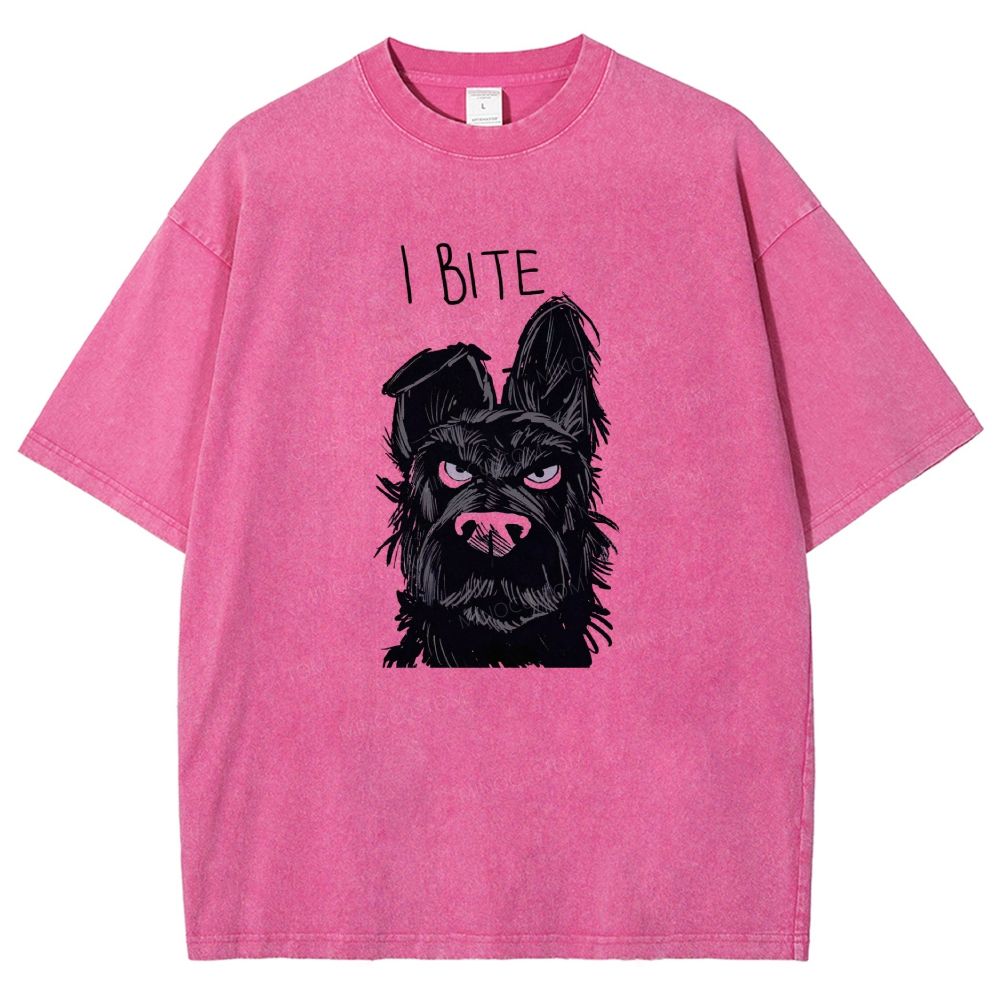 I BITE Grumpy Black Terrier Dog Hand Drawn Graphic Washed T-shirt