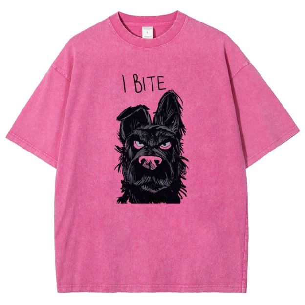 I BITE Grumpy Black Terrier Dog Hand Drawn Graphic Washed T-shirt