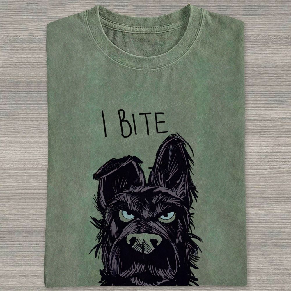 I BITE Grumpy Black Terrier Dog Hand Drawn Graphic Washed T-shirt