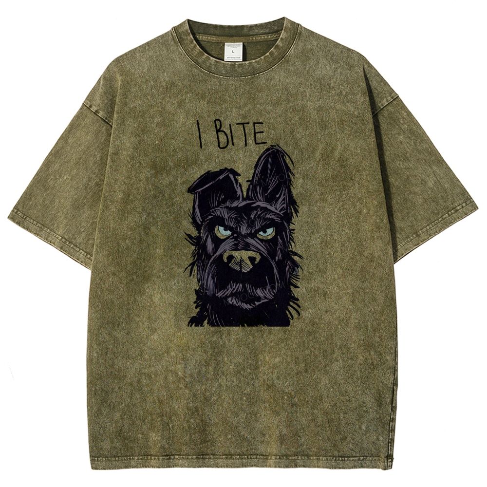 I BITE Grumpy Black Terrier Dog Hand Drawn Graphic Washed T-shirt