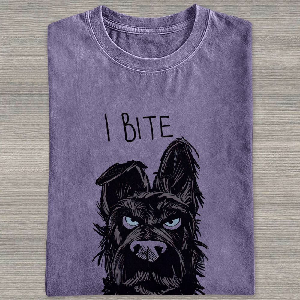 I BITE Grumpy Black Terrier Dog Hand Drawn Graphic Washed T-shirt
