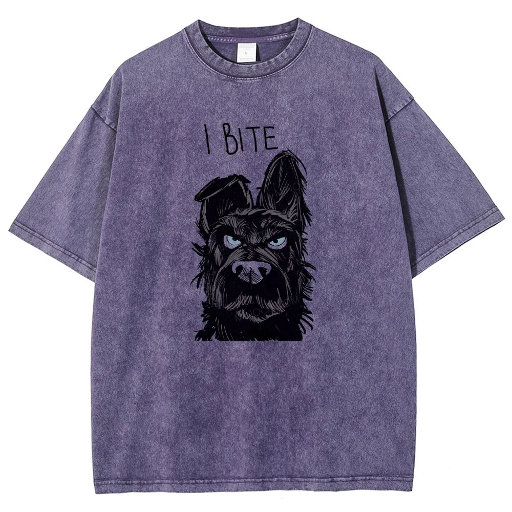 I BITE Grumpy Black Terrier Dog Hand Drawn Graphic Washed T-shirt