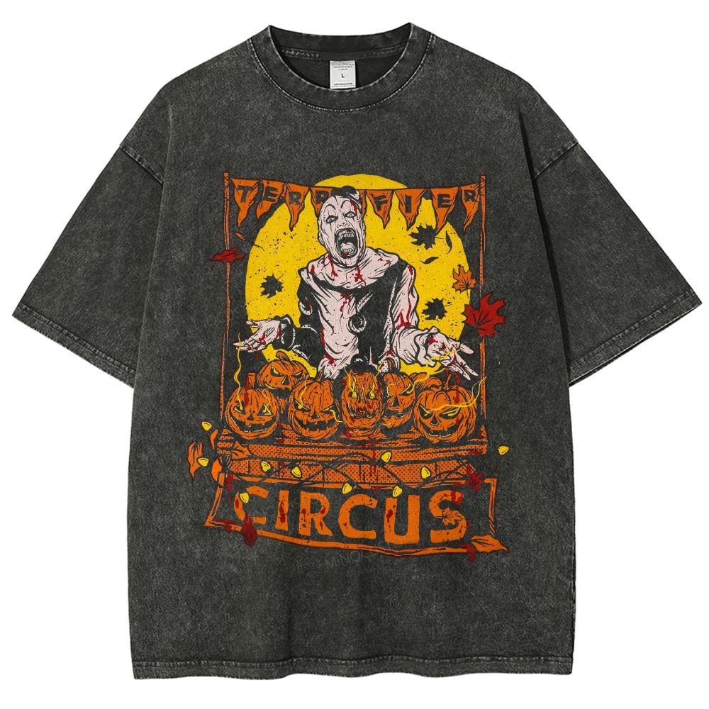 Vintage Horror Circus Clown Pumpkin Halloween Unisex Fit Washed T-Shirt