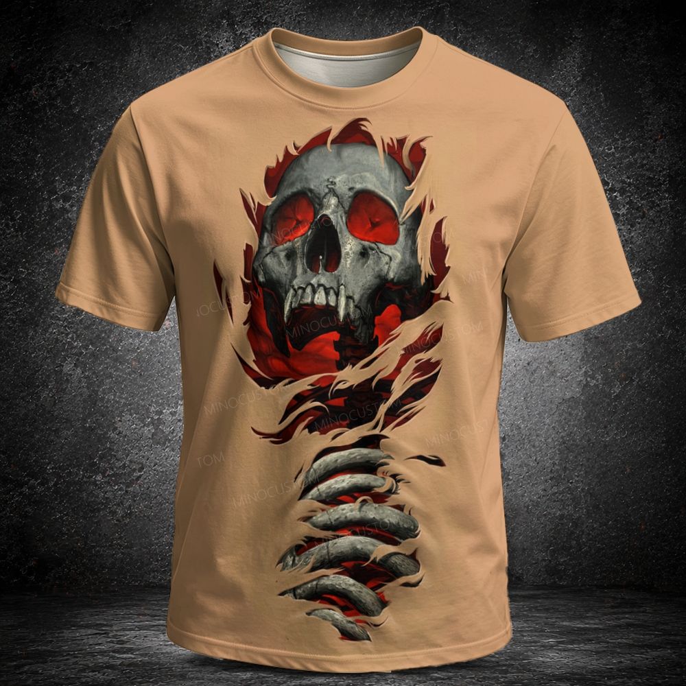 Men's  Vintage 3D Ripped Fabric Vampire Skull Spine Horror Graphic Short Sleeve T-shirt