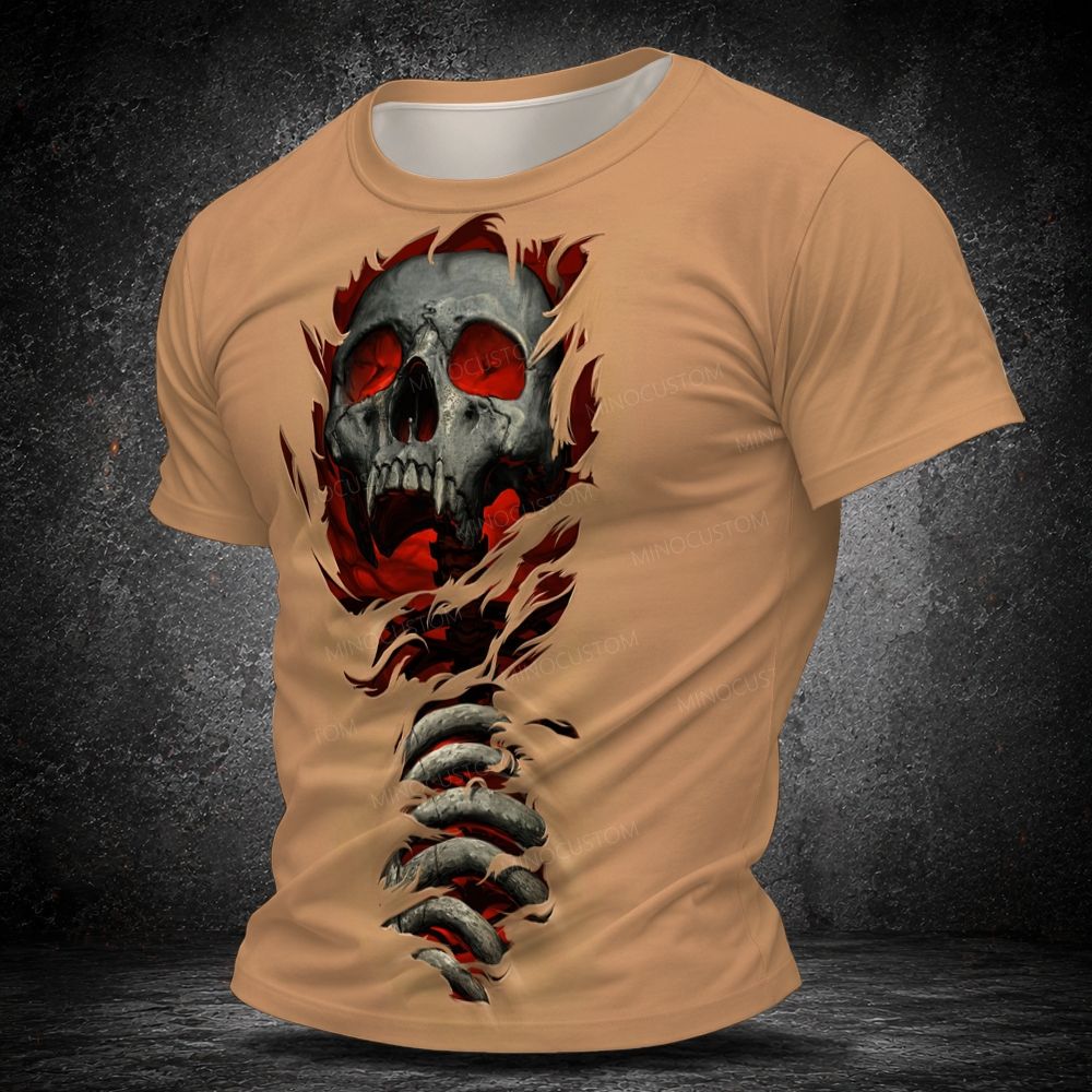 Men's  Vintage 3D Ripped Fabric Vampire Skull Spine Horror Graphic Short Sleeve T-shirt
