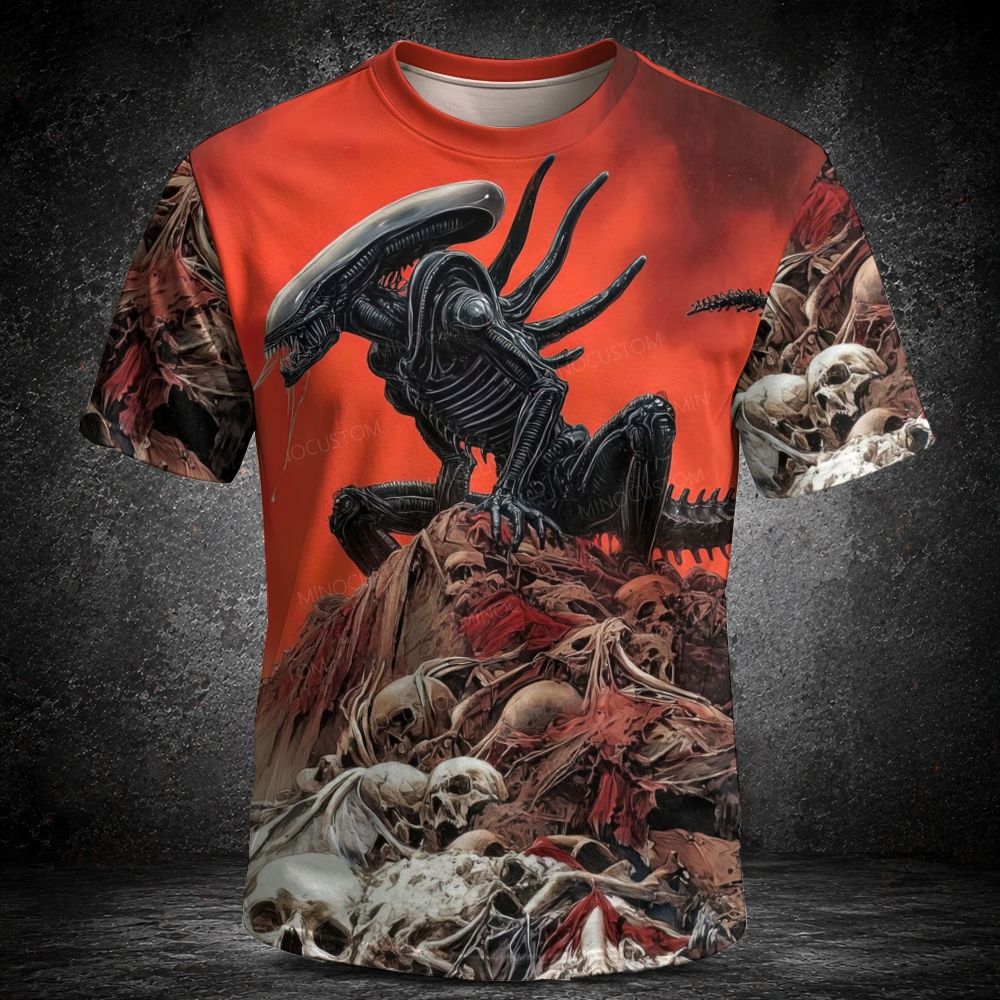 Men's  Vintage Scary Alien Creature Skeleton Pile Full Print Horror Short Sleeve T-shirt