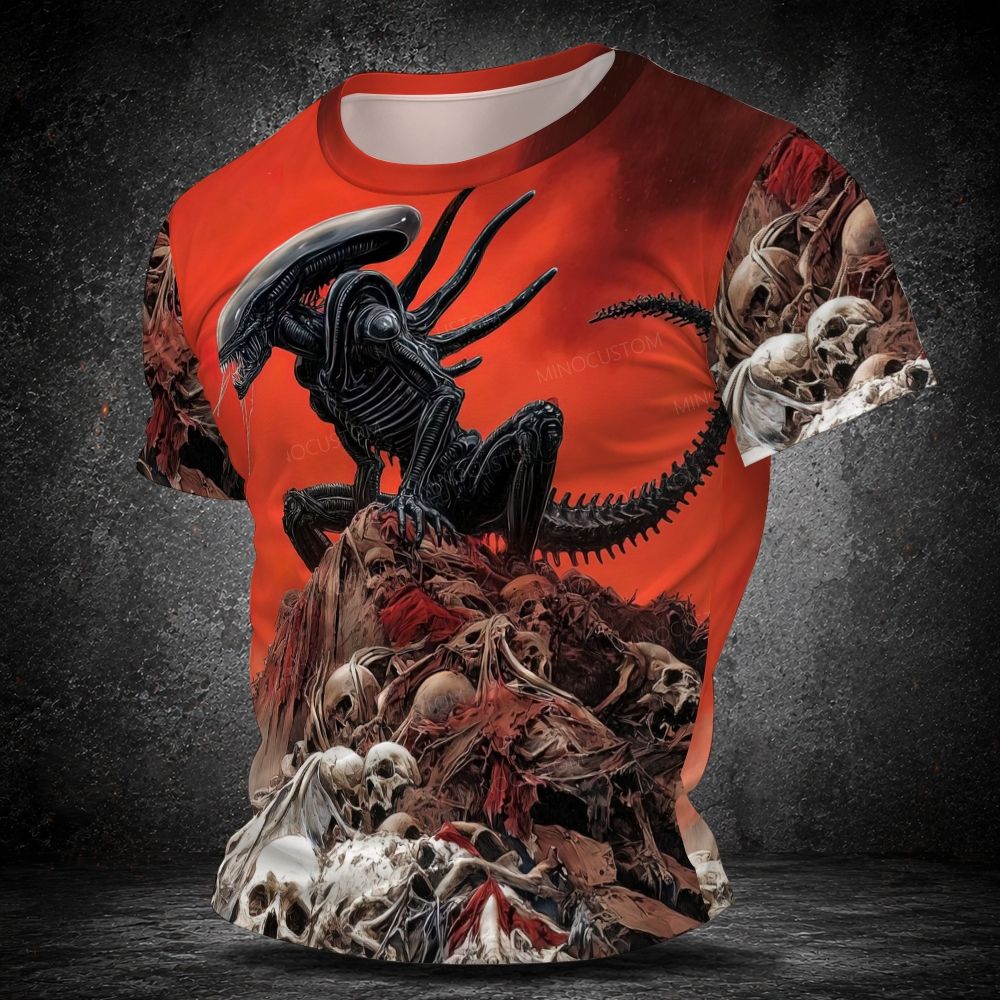 Men's  Vintage Scary Alien Creature Skeleton Pile Full Print Horror Short Sleeve T-shirt