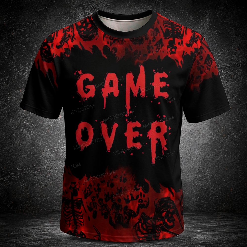 Men's  Vintage Game Over Bloody Skeleton Horror Halloween Graphic Short Sleeve T-shirt