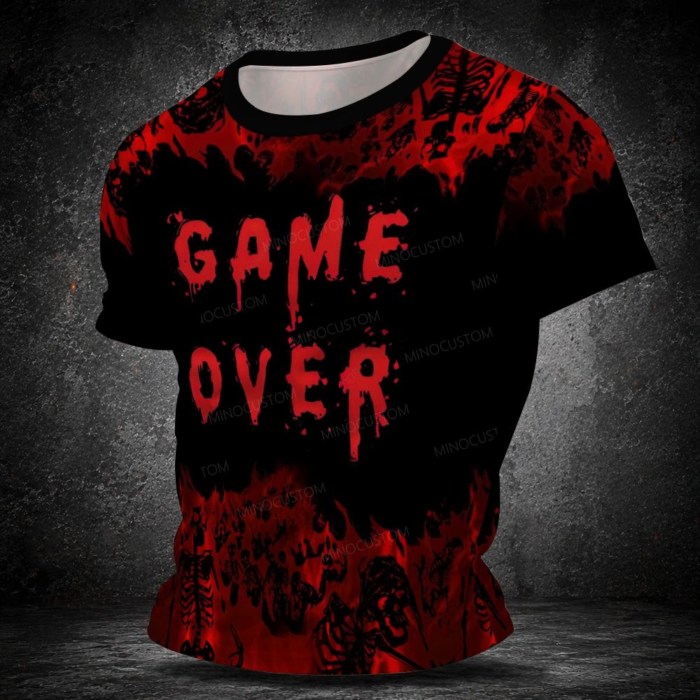 Men's  Vintage Game Over Bloody Skeleton Horror Halloween Graphic Short Sleeve T-shirt