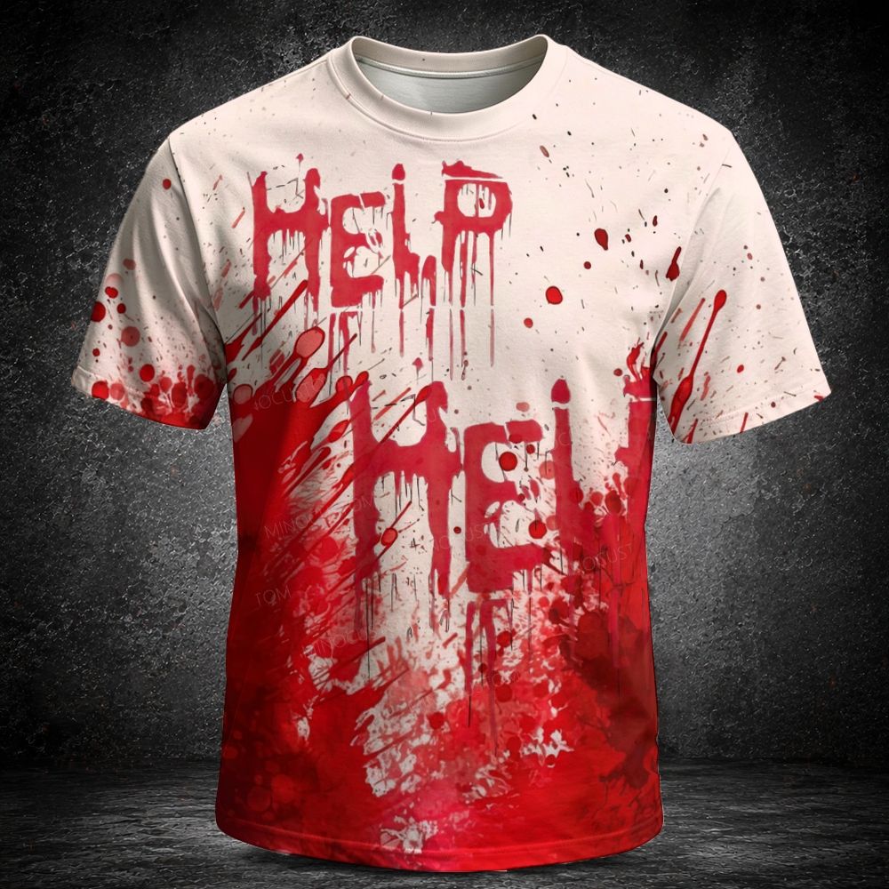 Men's  Vintage HELP Dripping Blood Splatter Horror Halloween Graphic Short Sleeve T-shirt