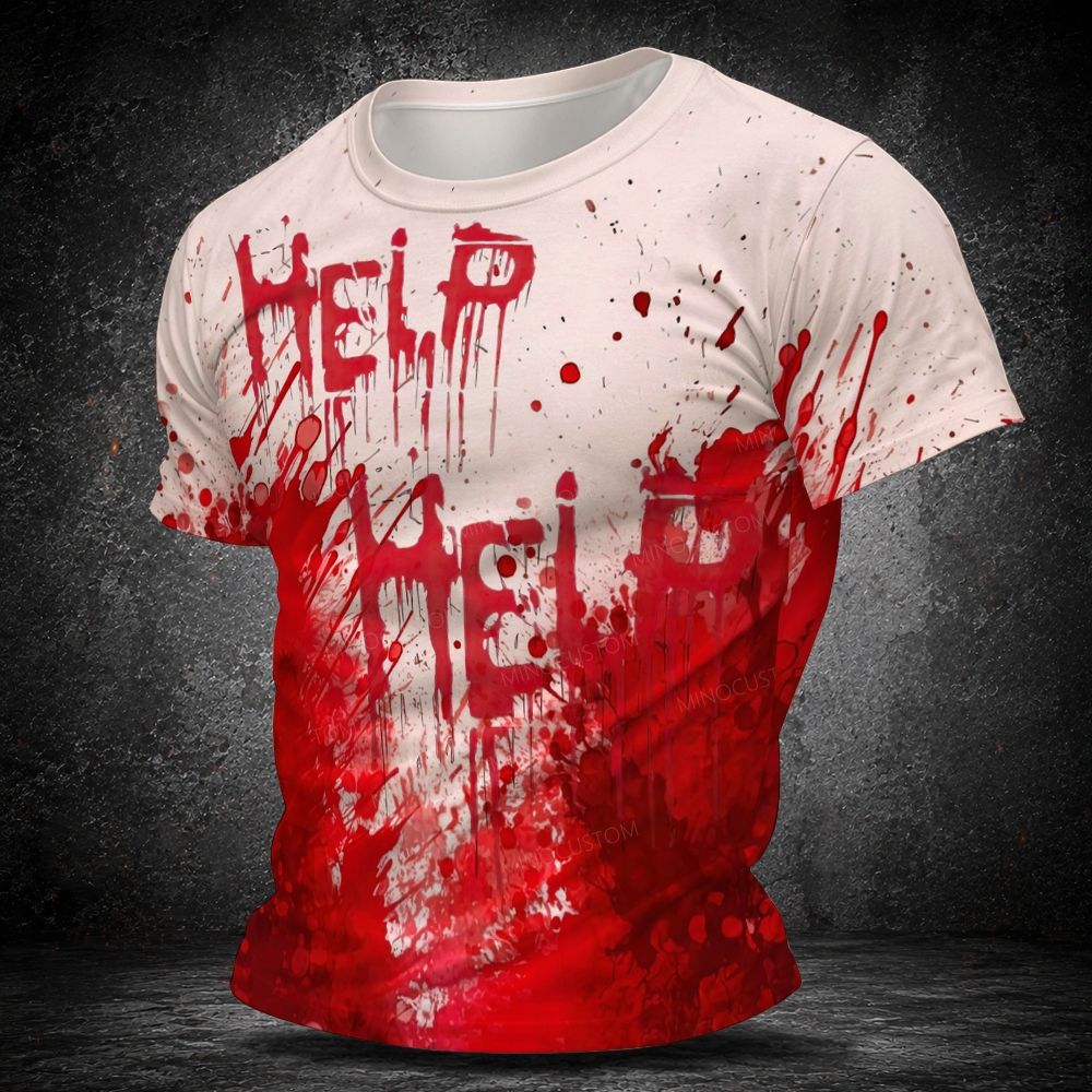 Men's  Vintage HELP Dripping Blood Splatter Horror Halloween Graphic Short Sleeve T-shirt