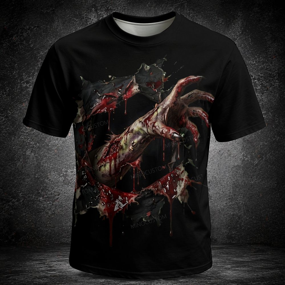 Men's  Vintage 3D Ripped Fabric Zombie Bloody Hand Horror Graphic Short Sleeve T-shirt