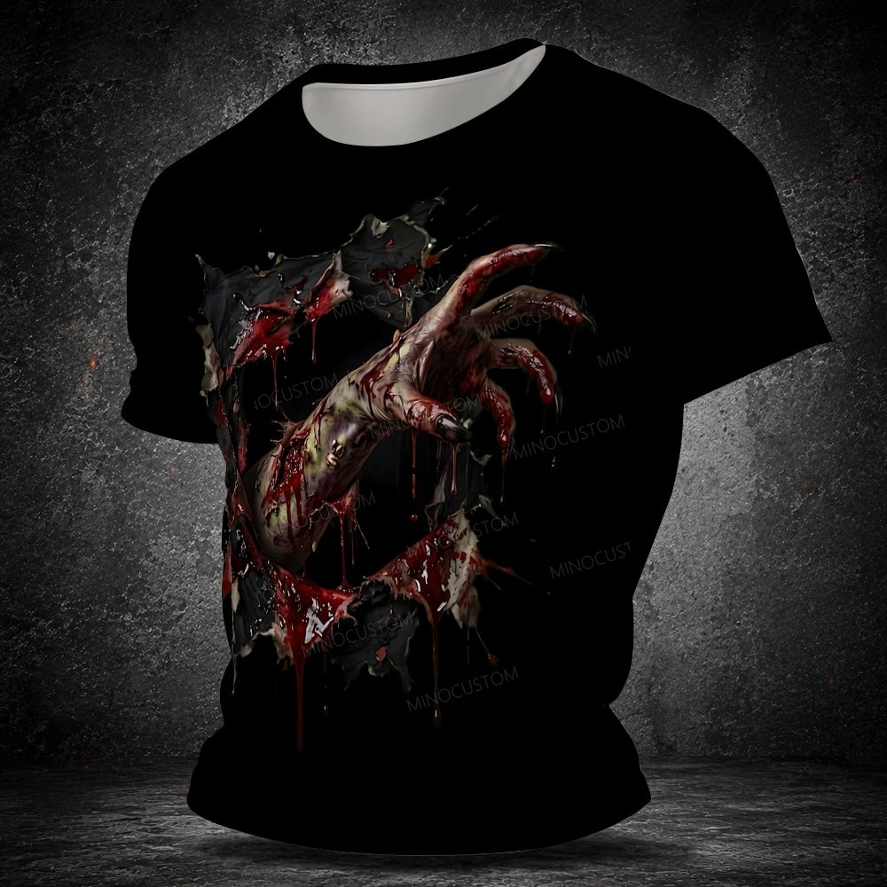 Men's  Vintage 3D Ripped Fabric Zombie Bloody Hand Horror Graphic Short Sleeve T-shirt