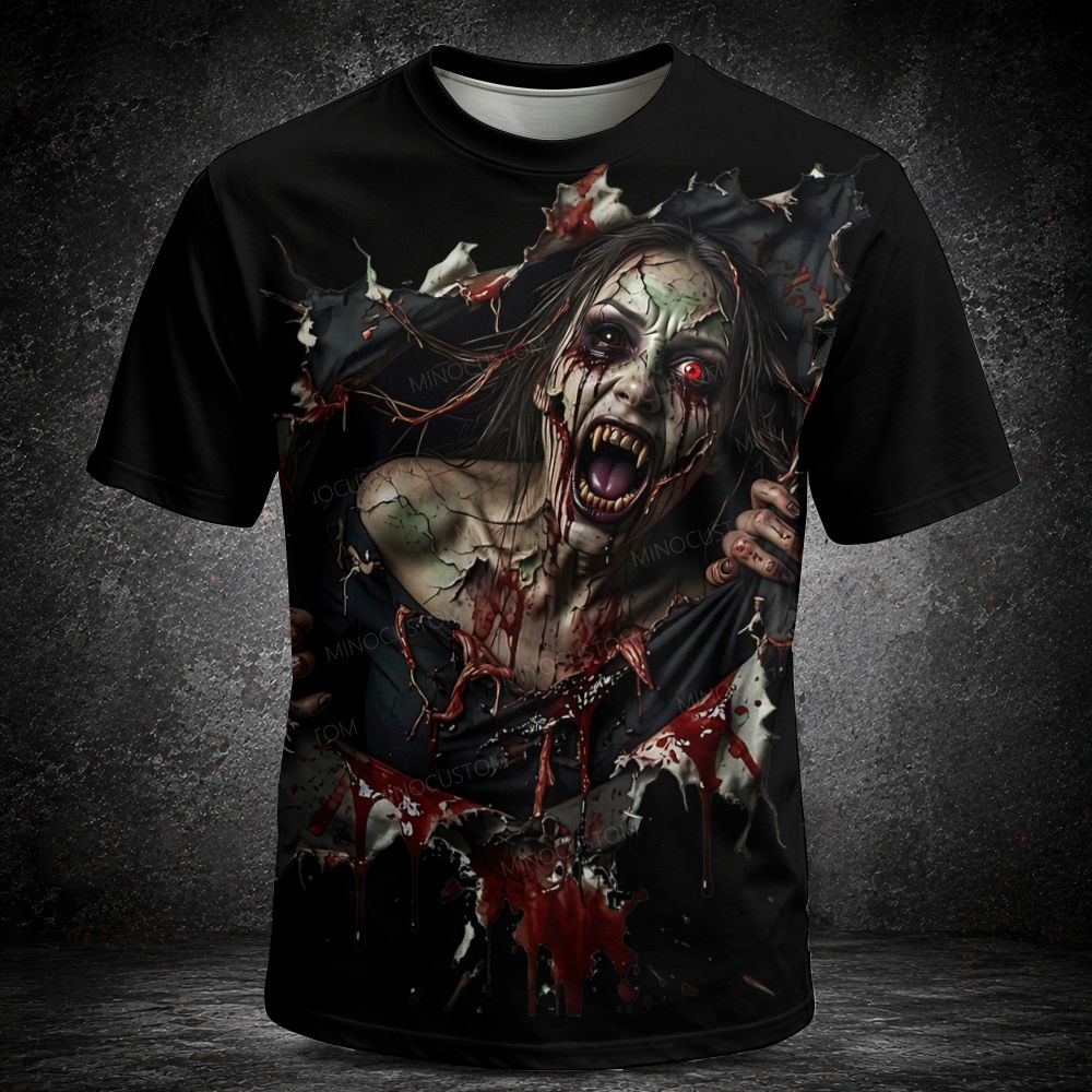 Men's  Vintage 3D Ripped Fabric Female Zombie Horror Halloween Graphic Short Sleeve T-shirt