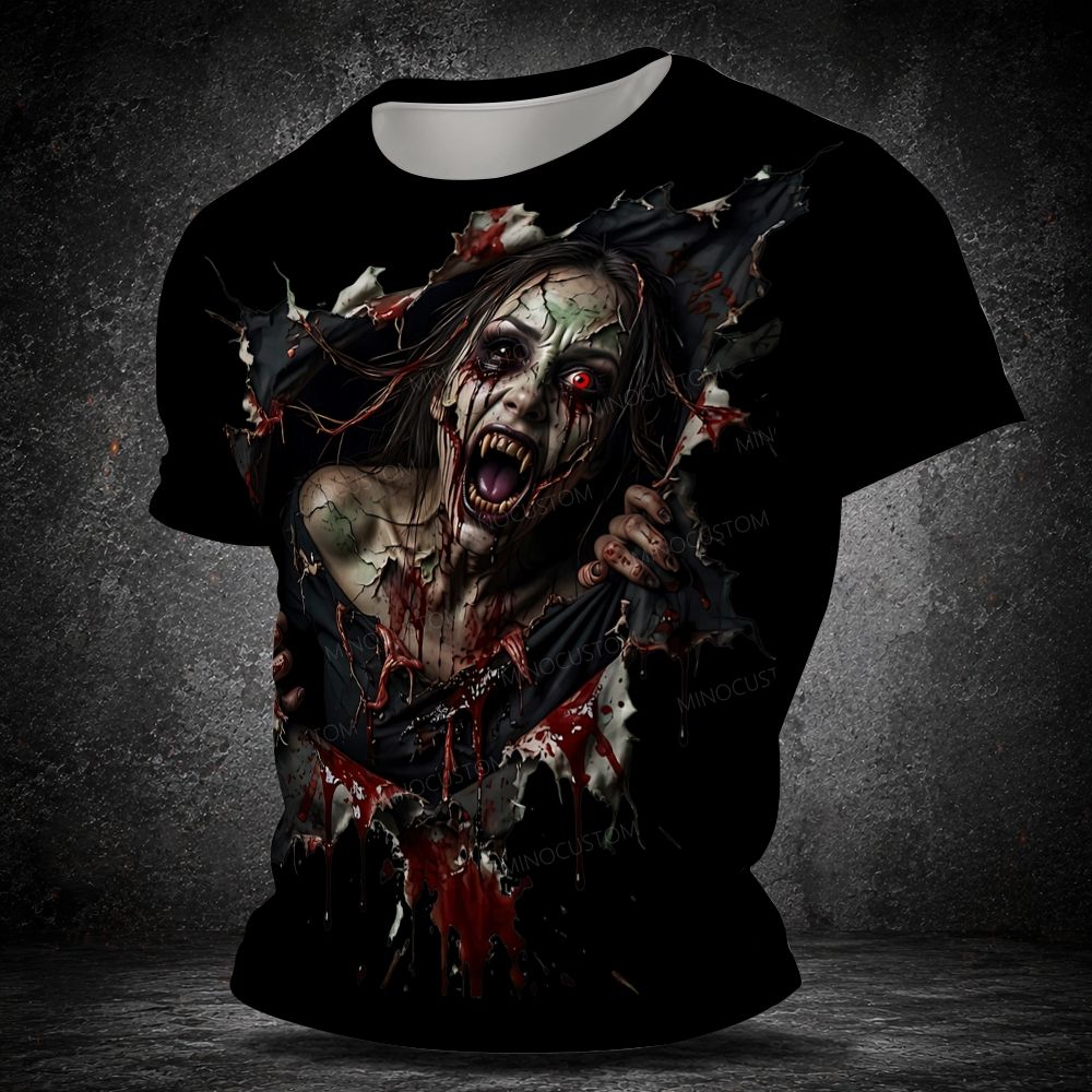 Men's  Vintage 3D Ripped Fabric Female Zombie Horror Halloween Graphic Short Sleeve T-shirt