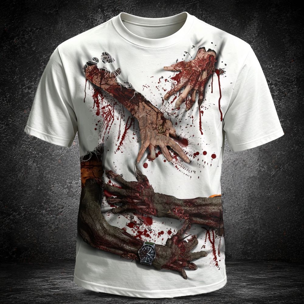 Men's  Vintage Multiple Bloody Zombie Hands Breaking Through Fabric Horror Short Sleeve T-shirt