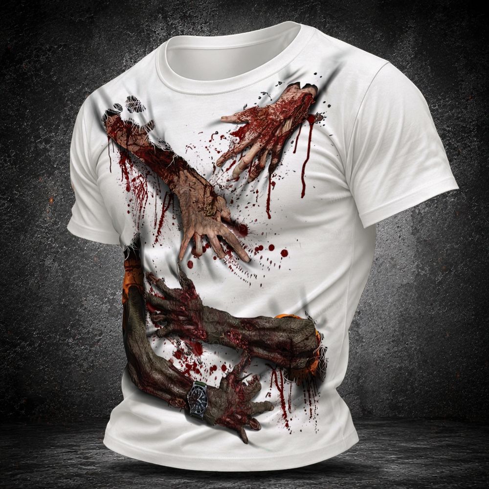 Men's  Vintage Multiple Bloody Zombie Hands Breaking Through Fabric Horror Short Sleeve T-shirt