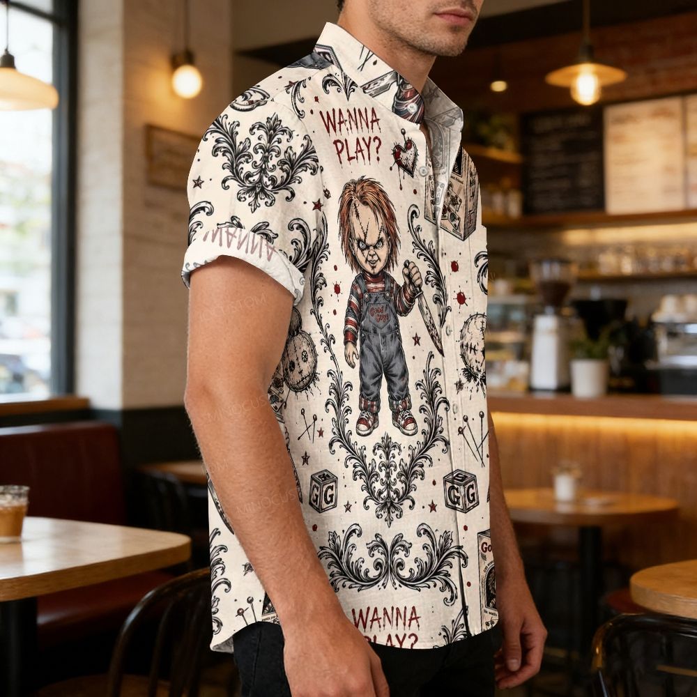 Vintage Dark Halloween Doll Graphic Short Sleeve Shirt