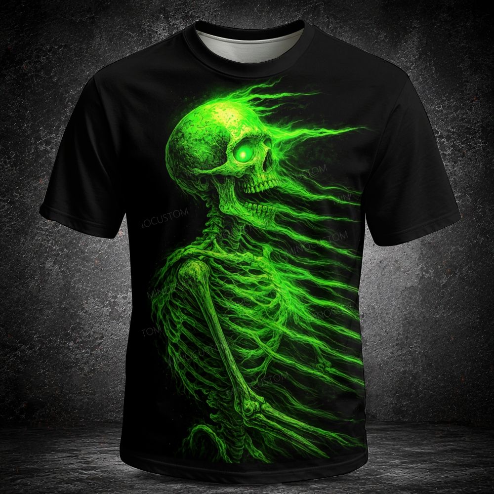 Men's  Vintage Glowing Green Energy Skeleton Dark Art Graphic Short Sleeve T-shirt
