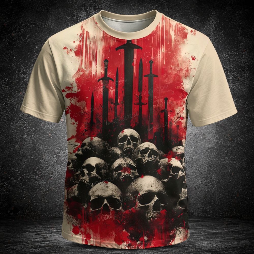 Men's  Vintage Vintage Blood Splash Swords & Skulls Graphic Short Sleeve T-shirt