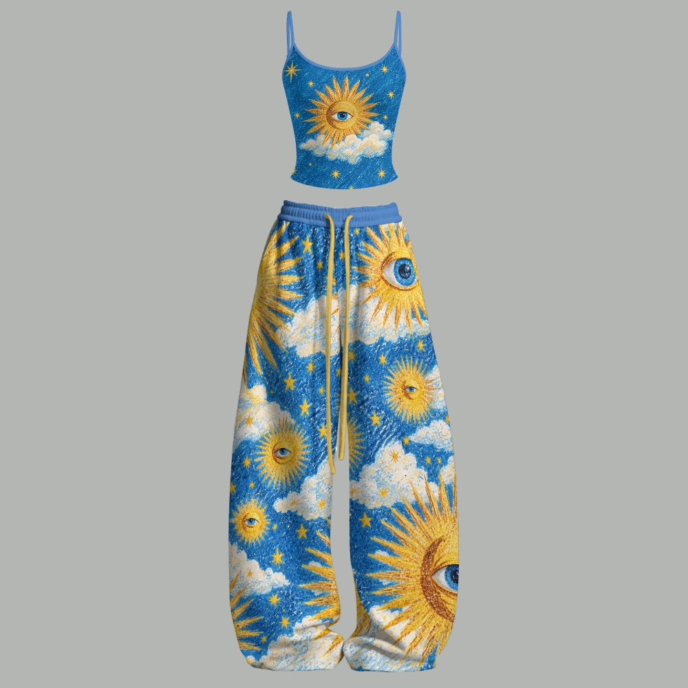 Surreal Sun Eye Cloud Star Art Top & Elasticated Trousers Two-Piece Set