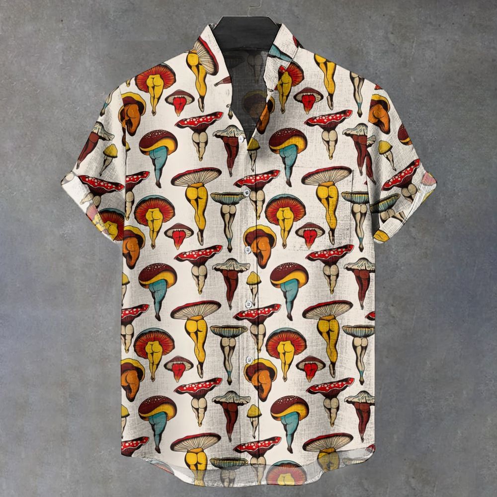 Vintage Whimsical Human Body Mushroom Print Short Sleeve Shirt