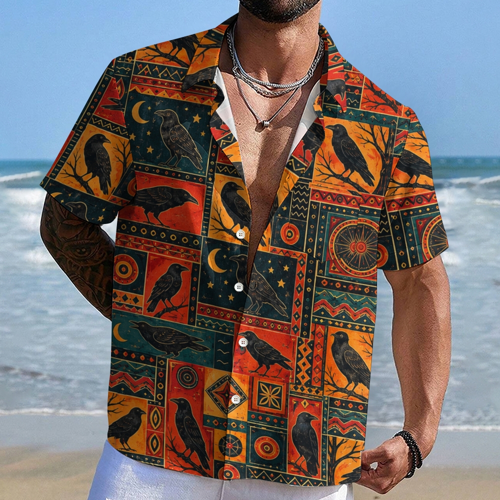Raven Crow Patchwork Moon Star Folk Art Hawaiian Shirt