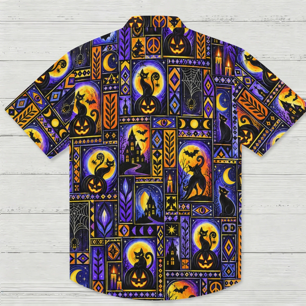 Halloween Black Cat Pumpkin Haunted Castle Mystical Tile Hawaiian Shirt