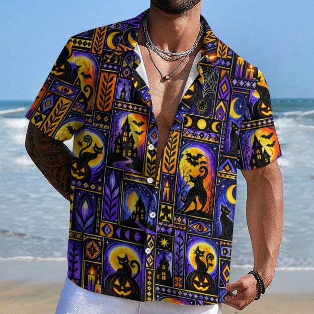 Halloween Black Cat Pumpkin Haunted Castle Mystical Tile Hawaiian Shirt