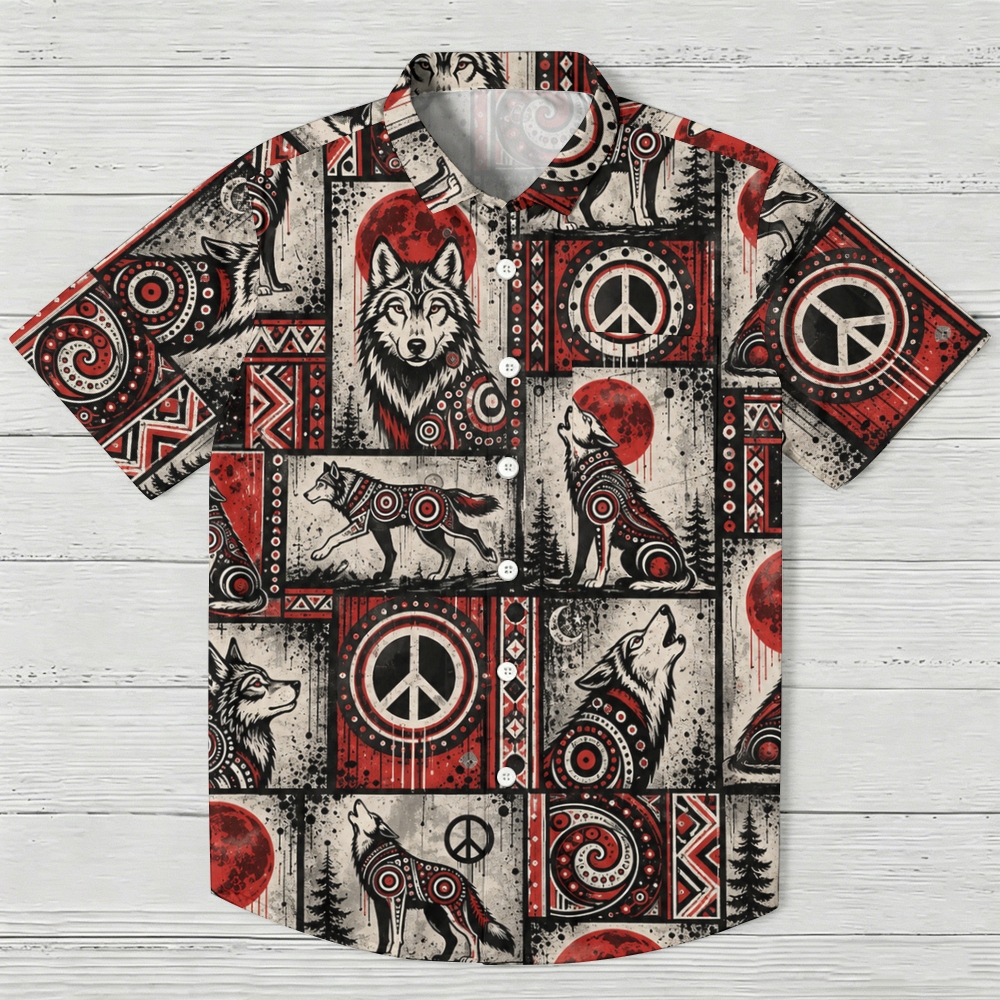 Tribal Gray Wolf Red Moon Peace Symbol Geometric Tile Hawaiian Shirt