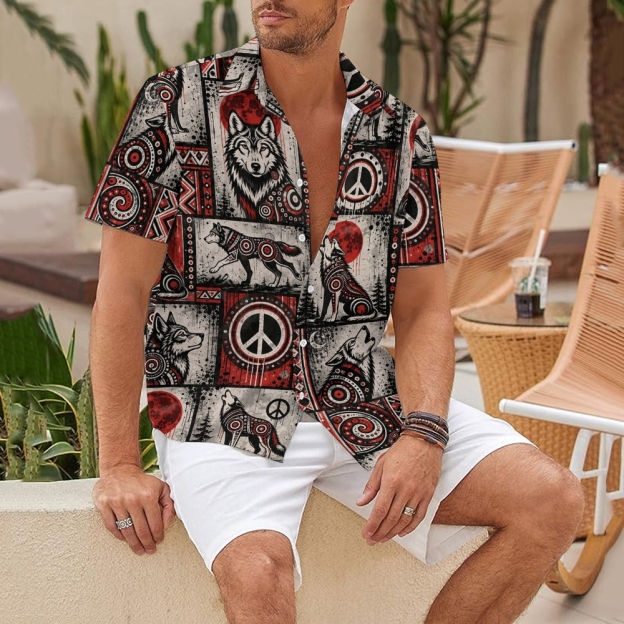 Tribal Gray Wolf Red Moon Peace Symbol Geometric Tile Hawaiian Shirt