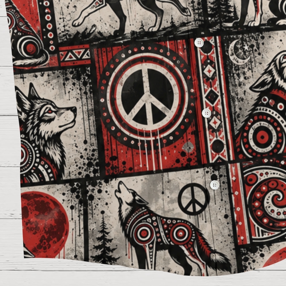 Tribal Gray Wolf Red Moon Peace Symbol Geometric Tile Hawaiian Shirt