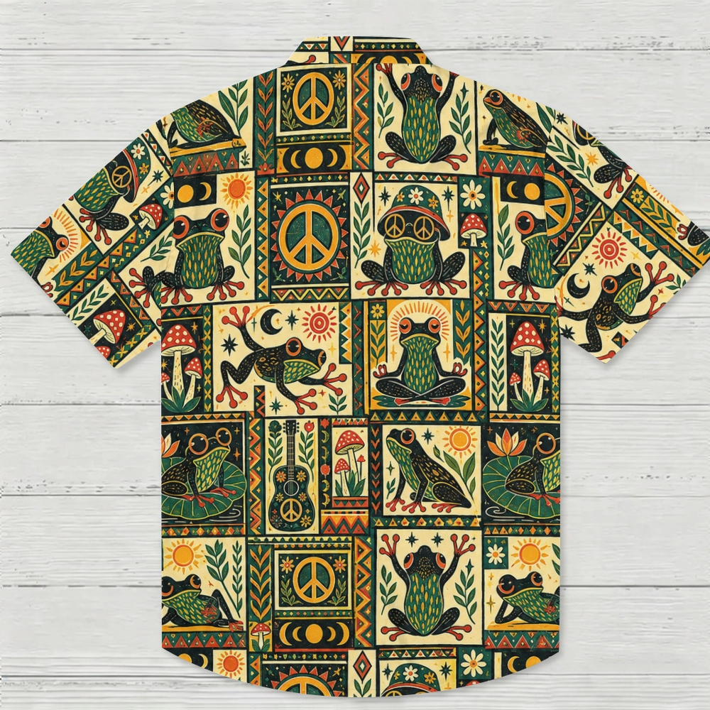 Hippie Frog Mushroom Peace Sign Geometric Pattern Hawaiian Shirt