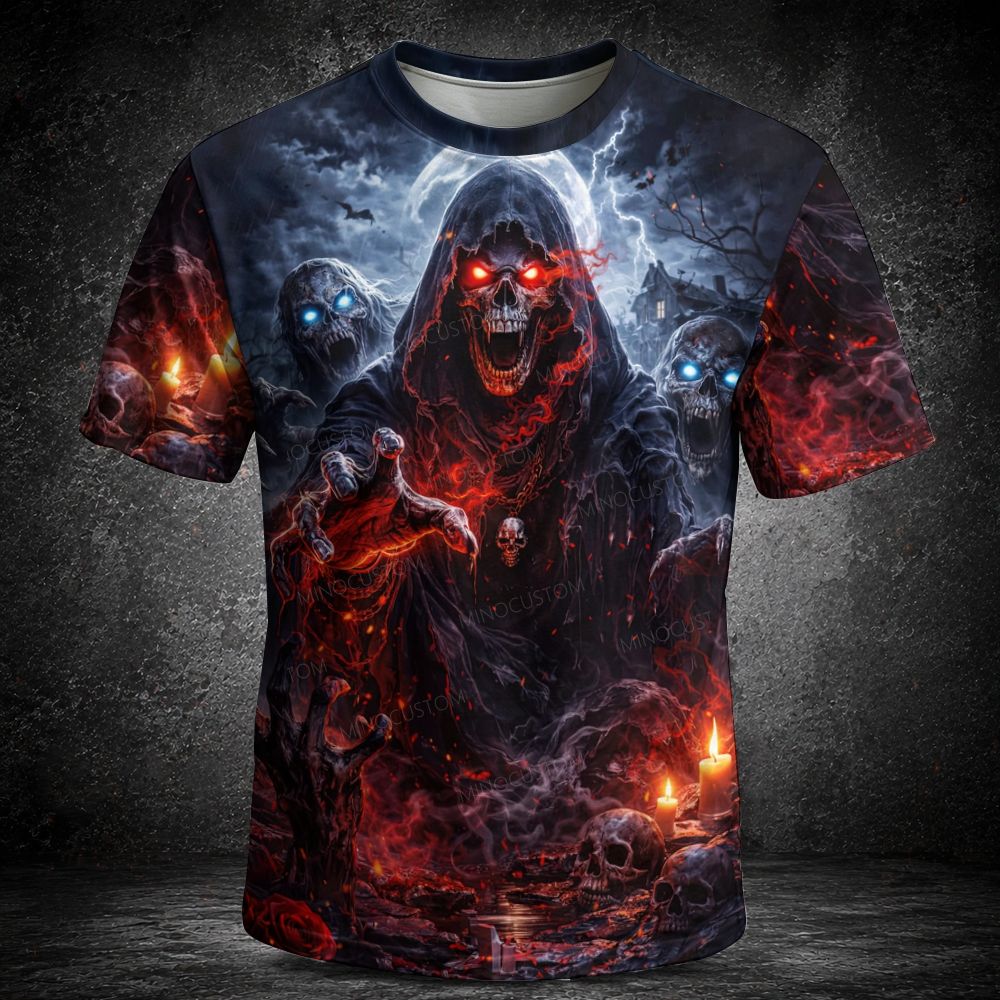 Men's  Vintage Red Eyes Grim Reaper Ghost Skull Halloween Horror Short Sleeve T-shirt