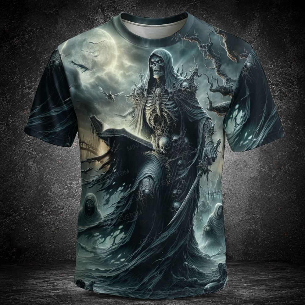 Men's  Vintage Moonlight Grim Reaper Skeleton Knight Dark Gothic Short Sleeve T-shirt