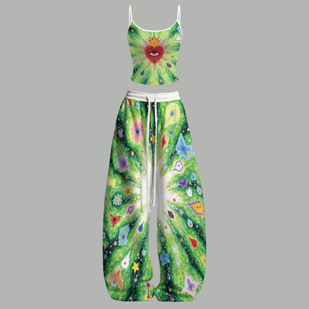 Psychedelic Sacred Heart Eye Floral Butterfly Top & Elasticated Trousers Two-Piece Set
