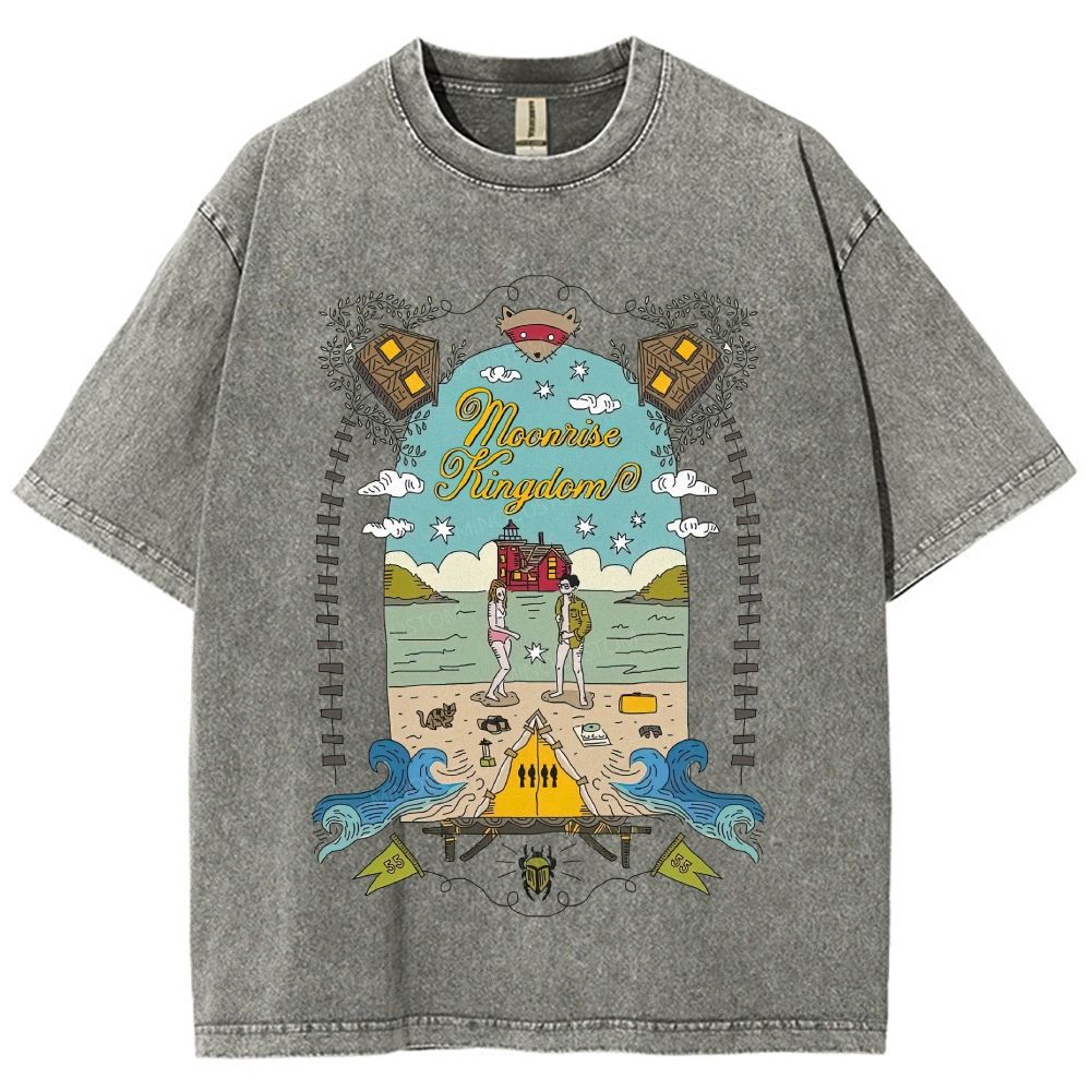 Vintage Folk Art Beach Camping Couple Graphic Unisex Fit Washed T-Shirt