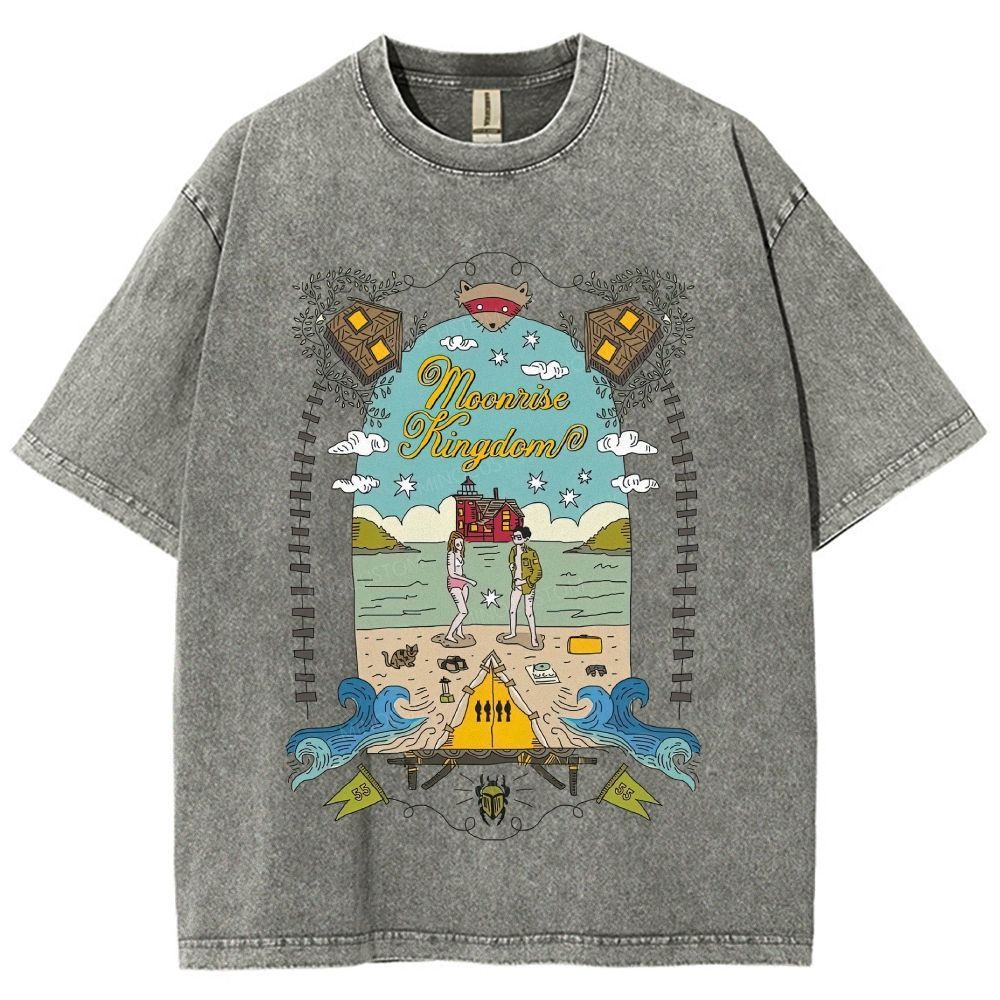 Vintage Folk Art Beach Camping Couple Graphic Unisex Fit Washed T-Shirt