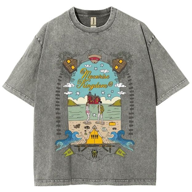 Vintage Folk Art Beach Camping Couple Graphic Unisex Fit Washed T-Shirt