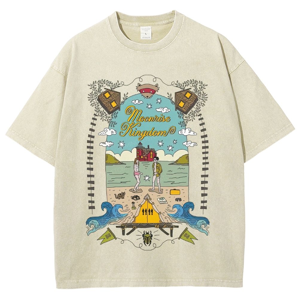 Vintage Folk Art Beach Camping Couple Graphic Unisex Fit Washed T-Shirt